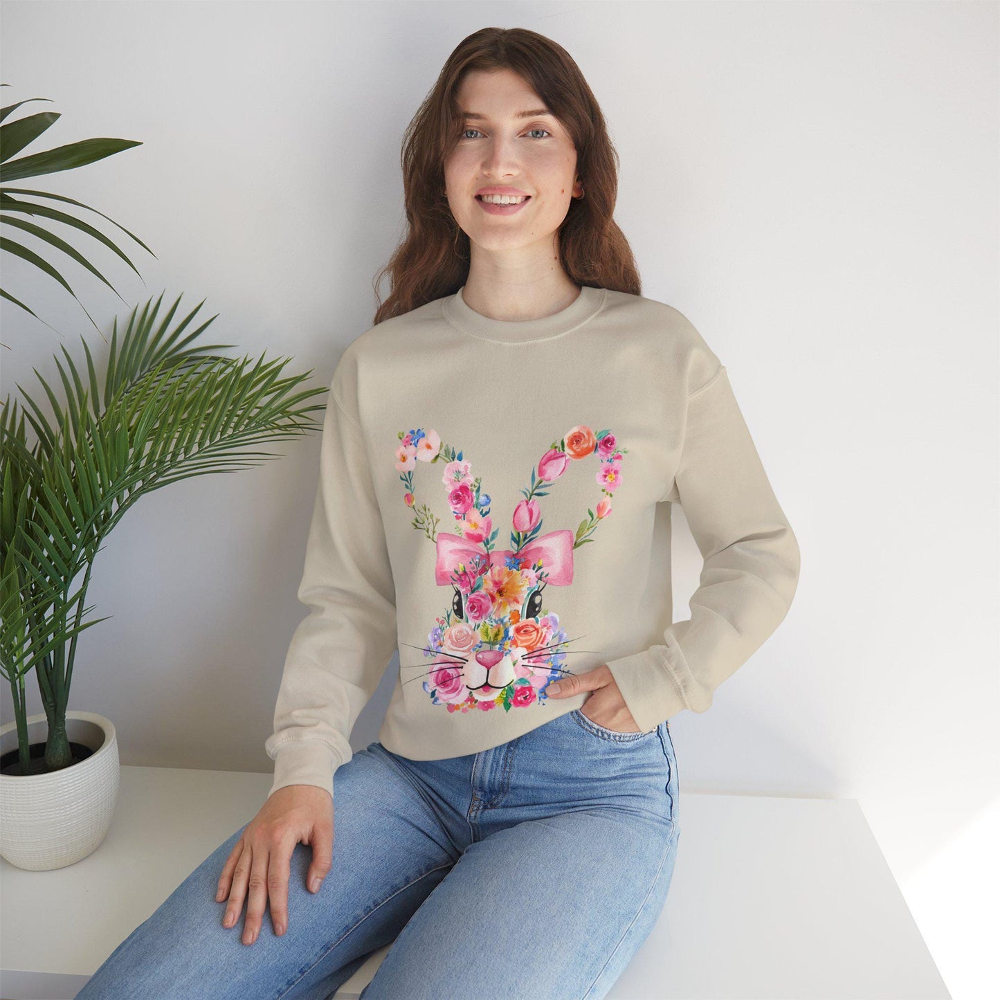 Floral Bunny Sweatshirt for Spring, Cute Easter Gift, Cozy Crewneck, Unisex Flower Sweatshirt, Casual Everyday Wear