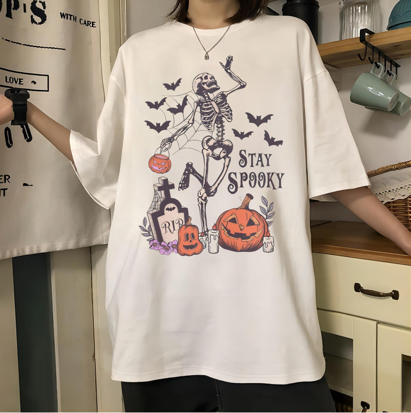 Women's Round Neck Halloween Pumpkin Print Short Sleeve