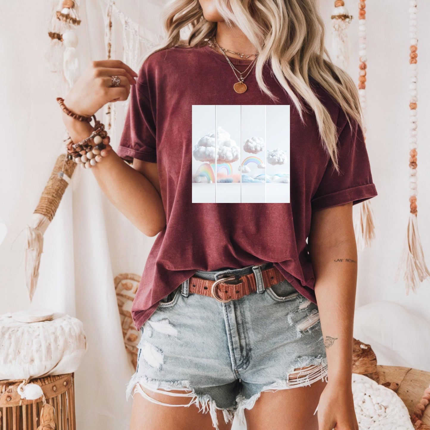 Whimsical Cotton Tee with Clouds and Rainbow Design, Unisex Apparel, Cute Gift for Kids and Teens, Summer T-Shirt, Fun Graphic Tee