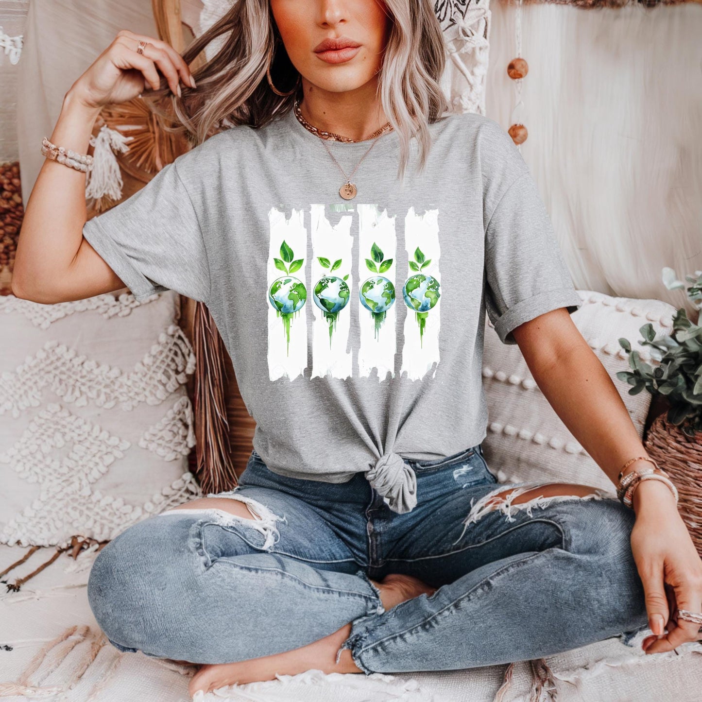 Eco-Friendly Earth & Green Leaves Graphic Tee: Sustainable Planet T-Shirt for Nature Lovers, Earth Day Gift, Eco-Conscious Apparel