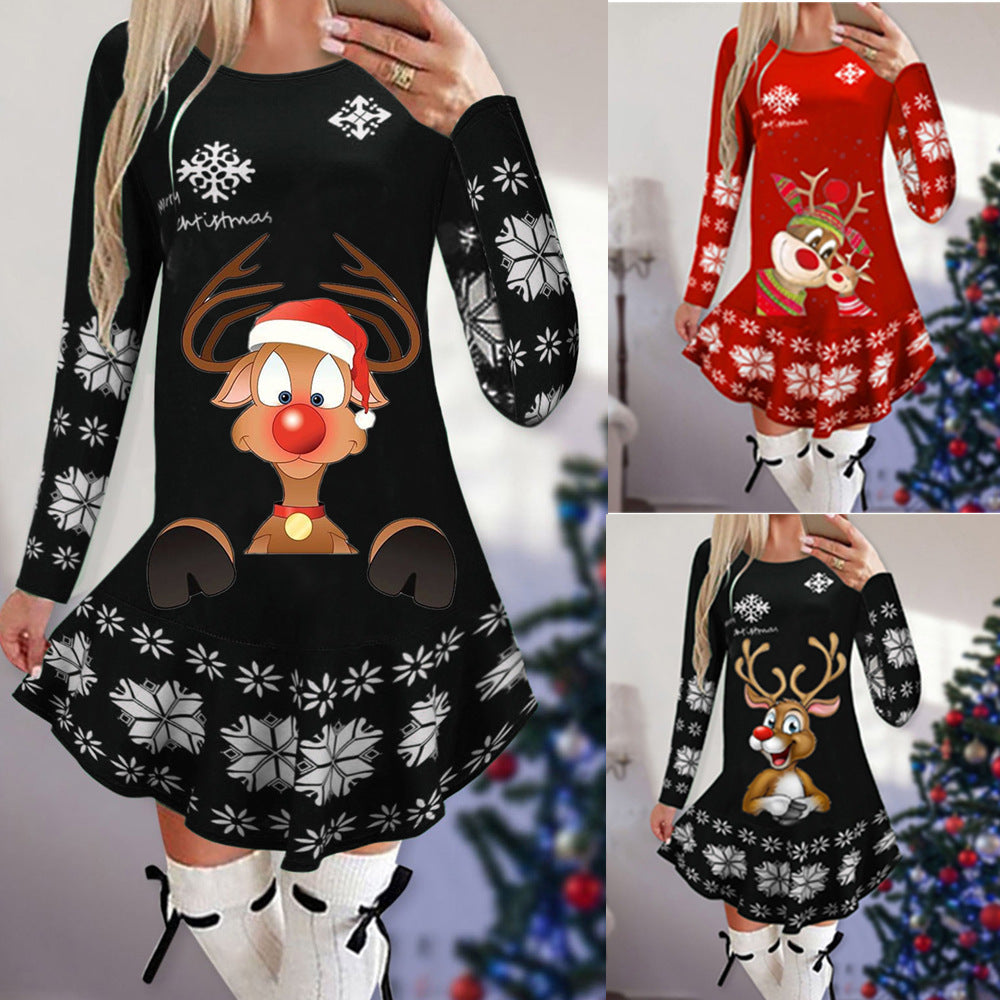 Christmas Snowflake Elk Printing Slimming Dress
