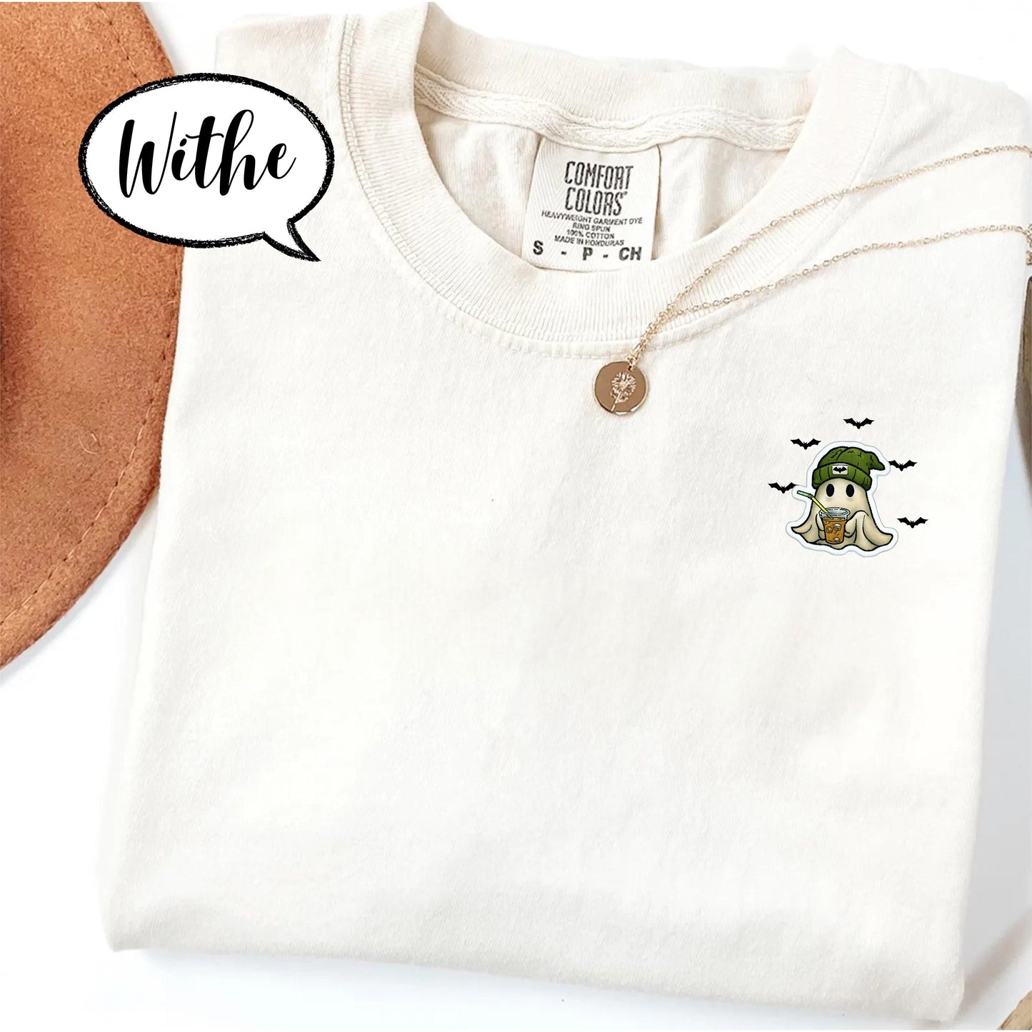 Comfort Colors® Embroidered Pocket Ghost Shirt, Cute Coffee Ghost T Shirt, Minimal Halloween Embroidery Top, Cozy Fall Spooky Season Tee