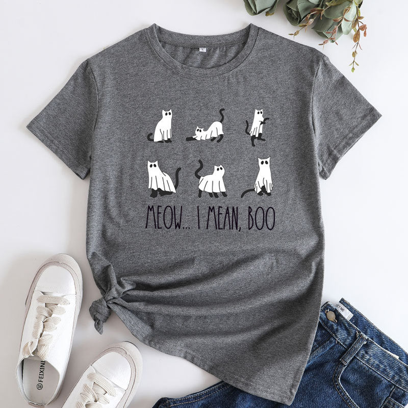 Large Size Loose Halloween Cat Print Cotton Short Sleeve