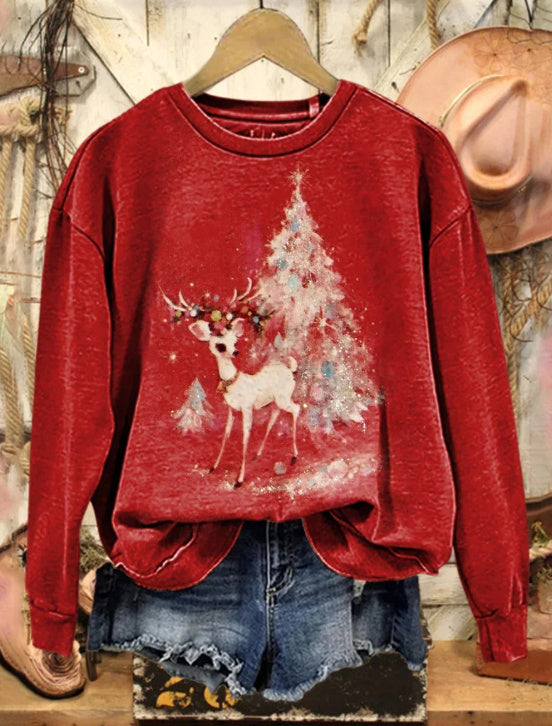 Vintage Christmas Tree Reindeer Print Casual Cotton Sweatshirt