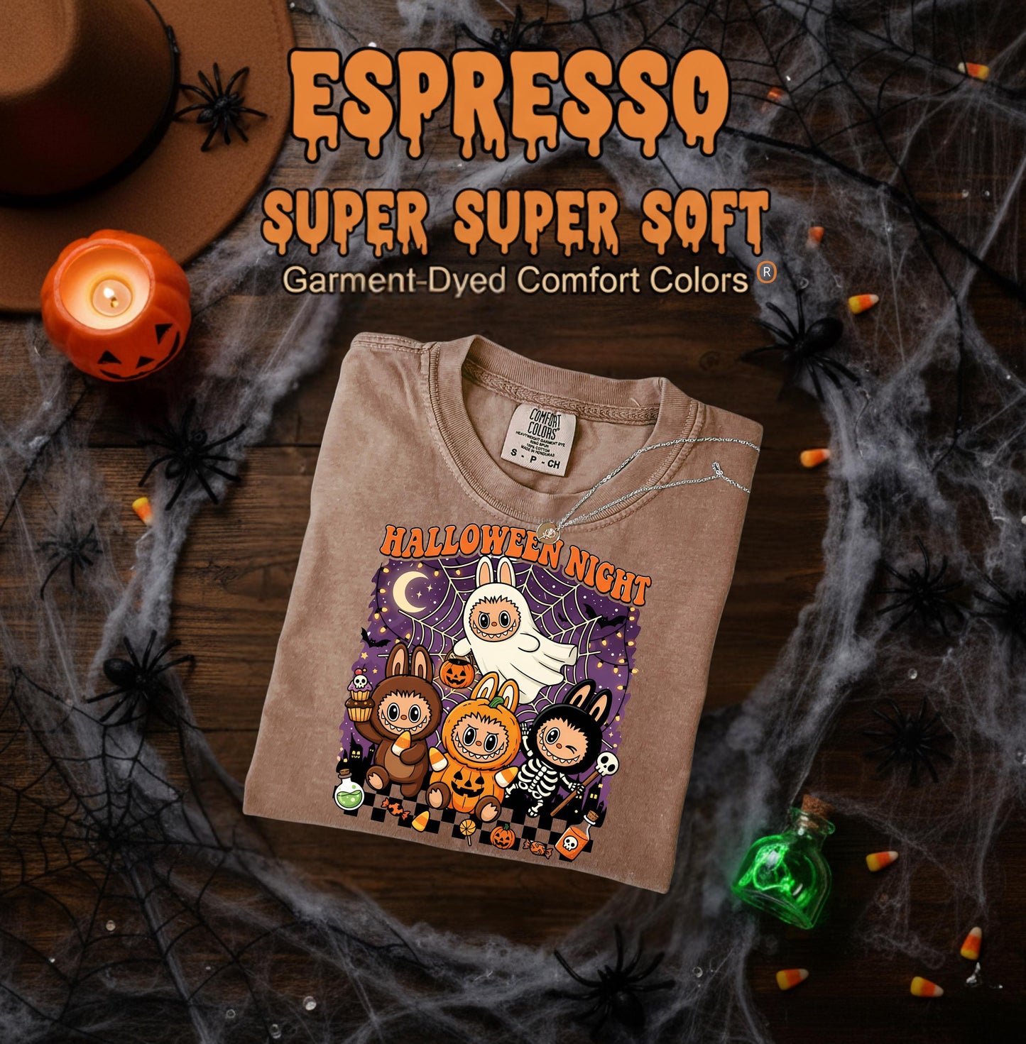 Halloween Night Shirt, Cute Kawaii Pumpkin Ghost Skeleton Monster Graphic Tee, Unisex Funny Spooky Party Gift, Labubu Shirt Halloween,Labubu