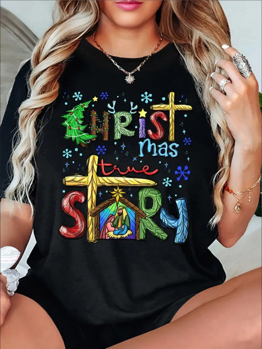 Women'S Casual Crew Neck T-Shirt With Christmas Graphic Floral Pattern, Medium Stretch, Summer Season - Short Sleeve Festive Tee With Blue Snowflake Print