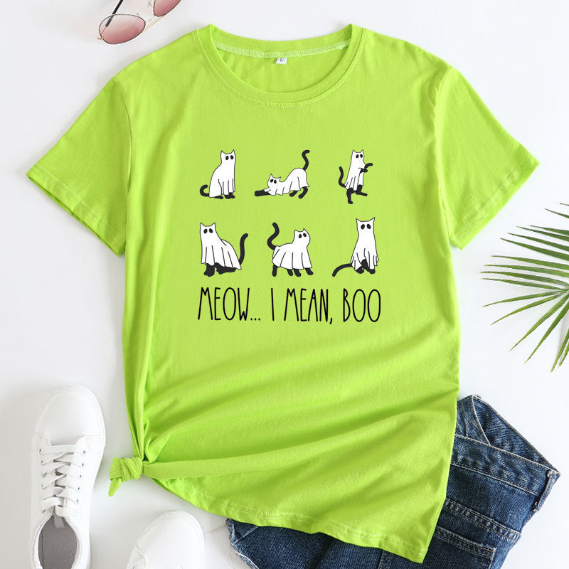 Large Size Loose Halloween Cat Print Cotton Short Sleeve