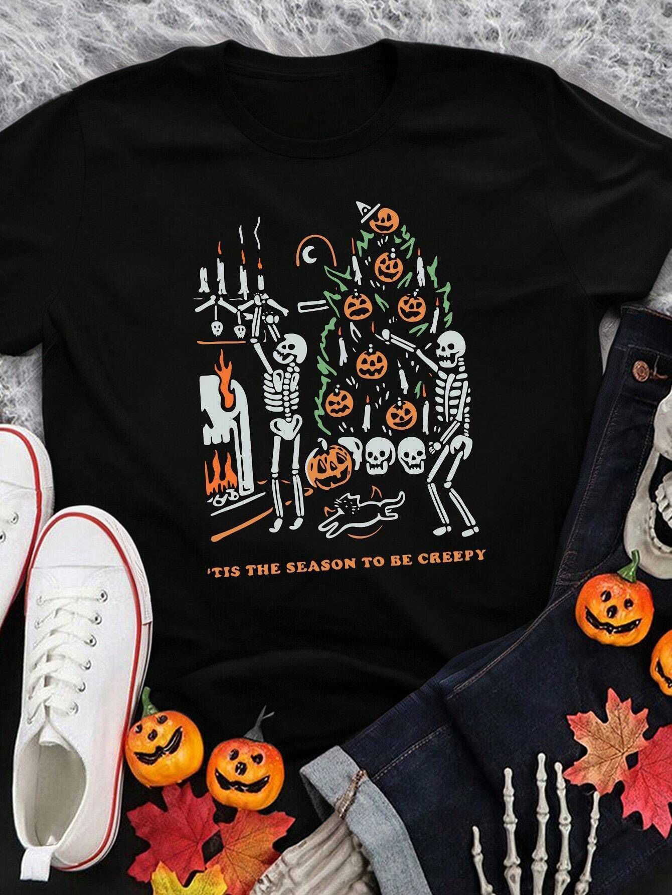 Women's Round Neck Halloween Pumpkin Print Short Sleeve
