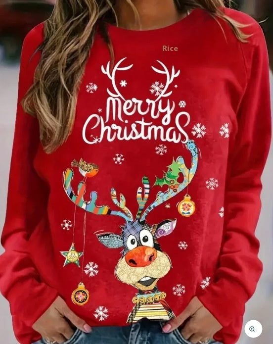 Christmas European And American Women Printed Crew Neck Sweatshirt