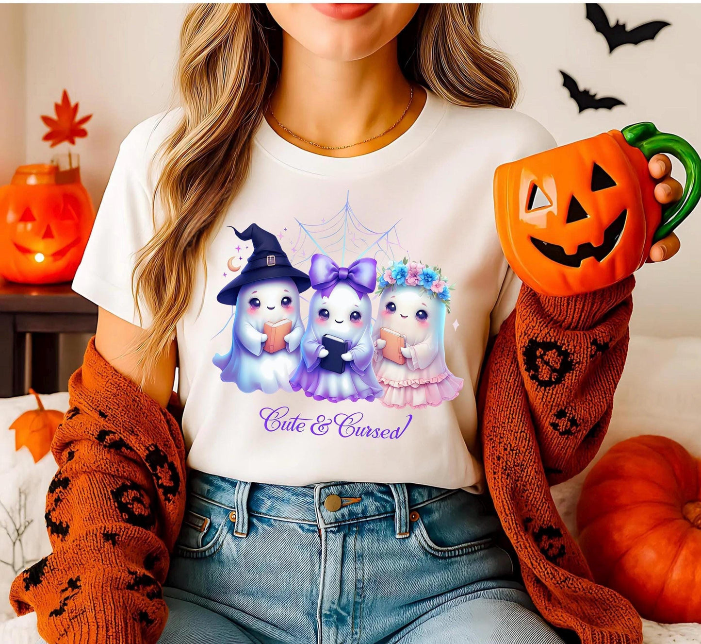 Cute & Cursed Ghost T-shirt - Fun Magical Halloween Apparel with Cute Ghosts - Unisex Spooky Ghost Shirt for All Ages