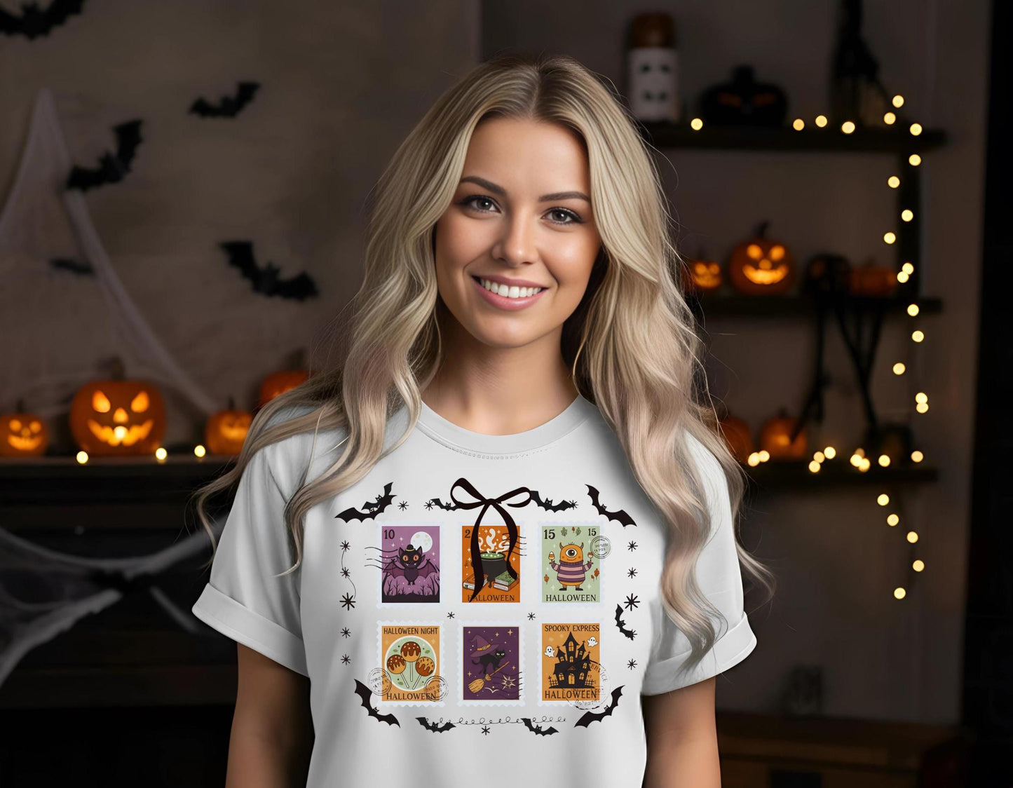 Comfort Colors Halloween TShirt Pumpkin Orange Graphic Tee Spooky Stamps Bat Zombie Witch Haunted House Ghost Cat Potion Skeleton Gift Shirt