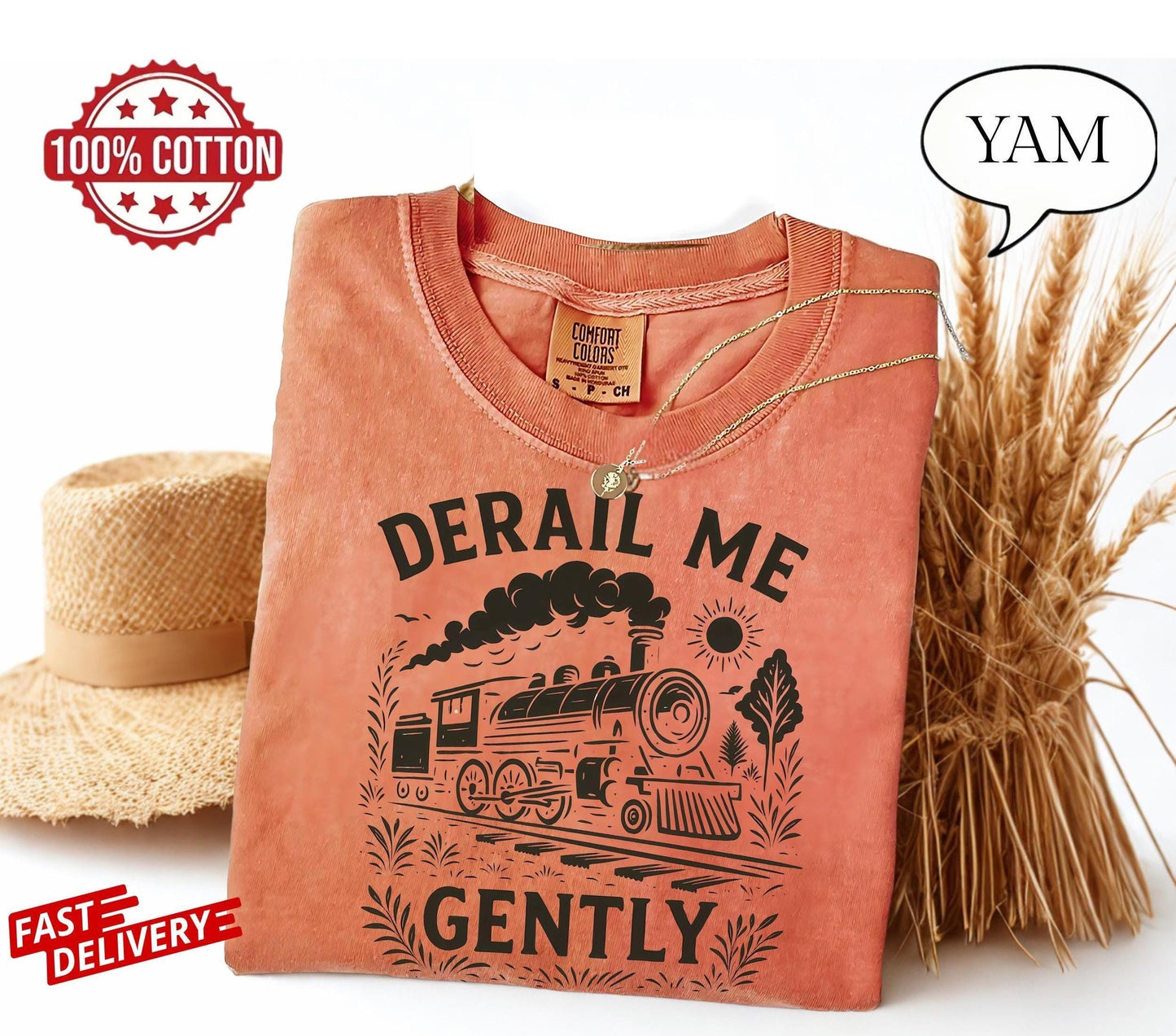 derail me gently tee with bold vintage train illustration, adult unisex t-shirt with locomotive art and sarcastic alternative style