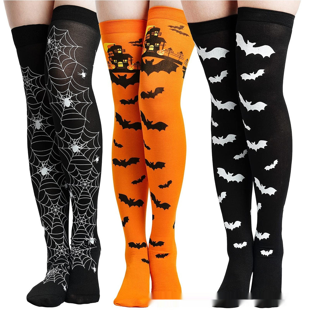 Halloween Printing Craft Spider Web Bat Skull Castle Pattern Over The Knee Stockings