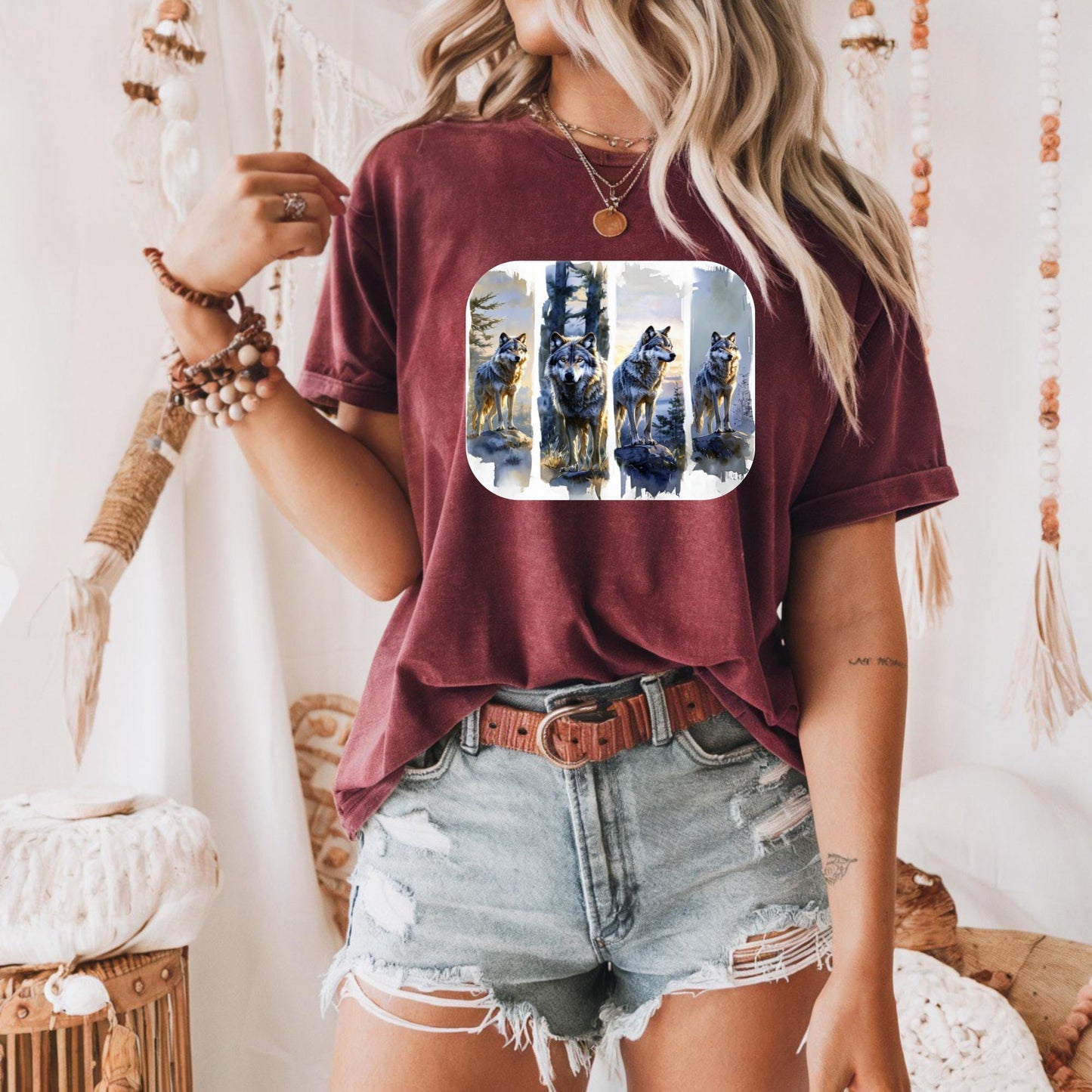 Majestic Wolf Pack Tee, Wolf Watercolor Unisex Heavy Cotton Tee, Graphic Tee for Nature Lovers, Gifts for Animal Lovers, Festival Wear