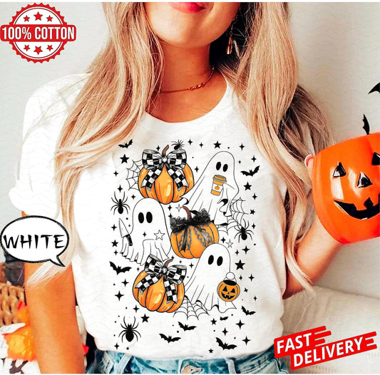 Halloween Pumpkin T-shirt,Ghost Pumpkin tee,Coquette HallowBoween shirt,Halloween,Pumpkin Bow schirt,Halloween shirt,Pumpkin Bow tee