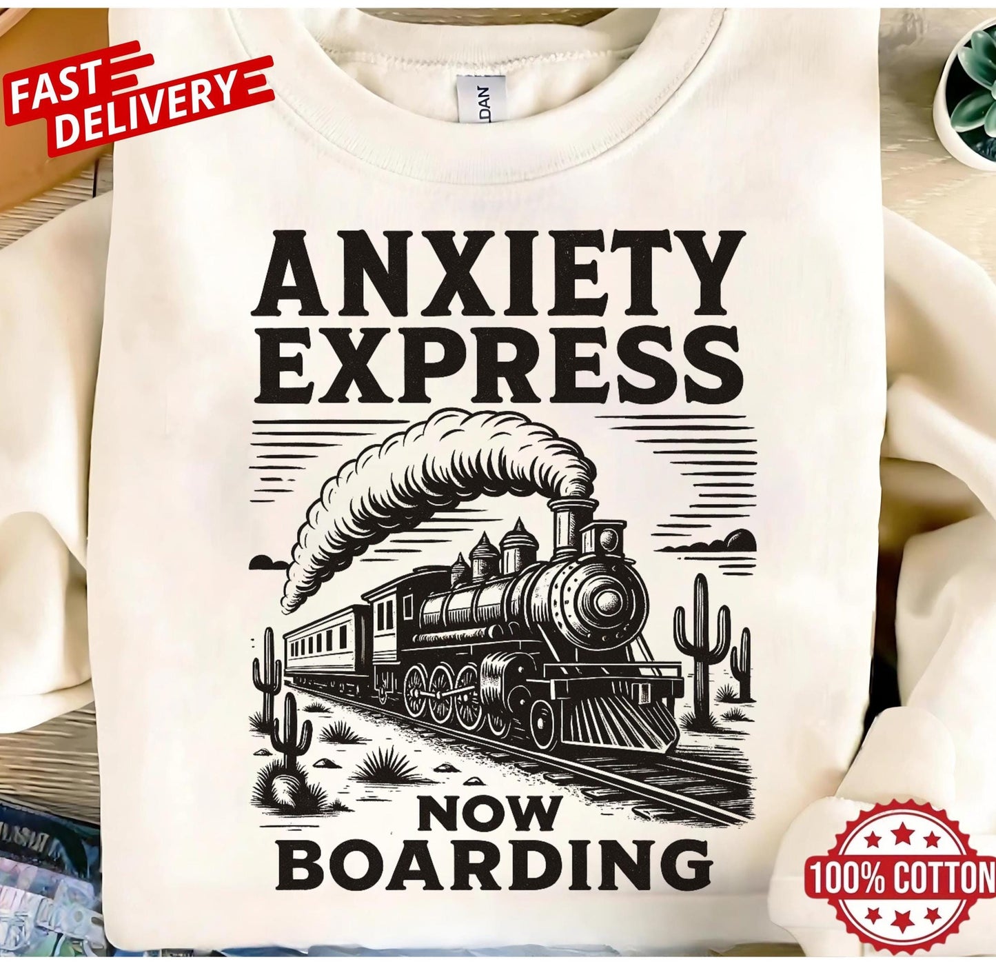 Anxiety Express panic train t-shirt, funny mental health quote shirt, oversized sarcastic gift idea for anxious adults
