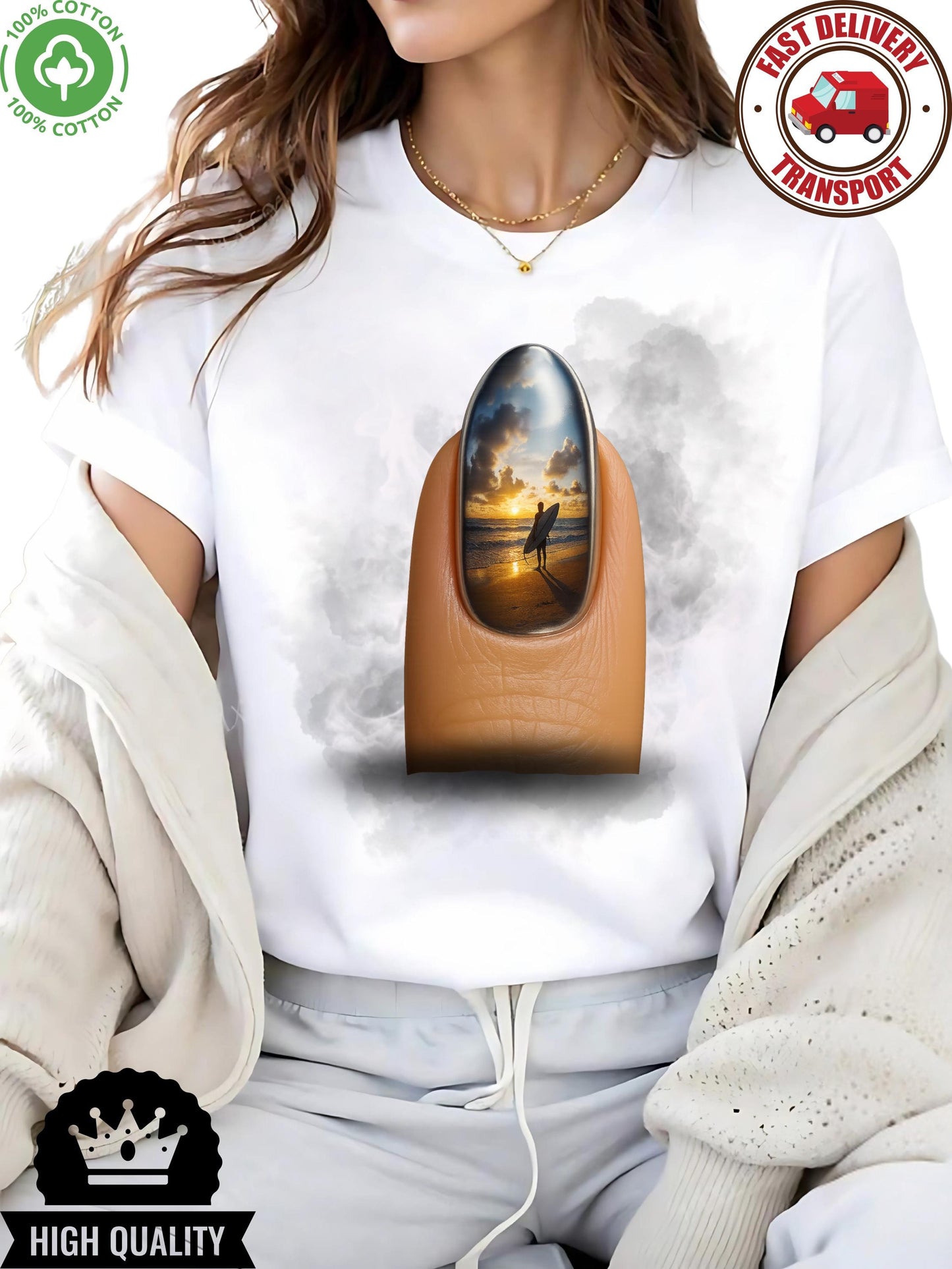 Unisex tee with surreal nail design, sunset beach graphic shirt, surf lover t-shirt gift for creatives art print