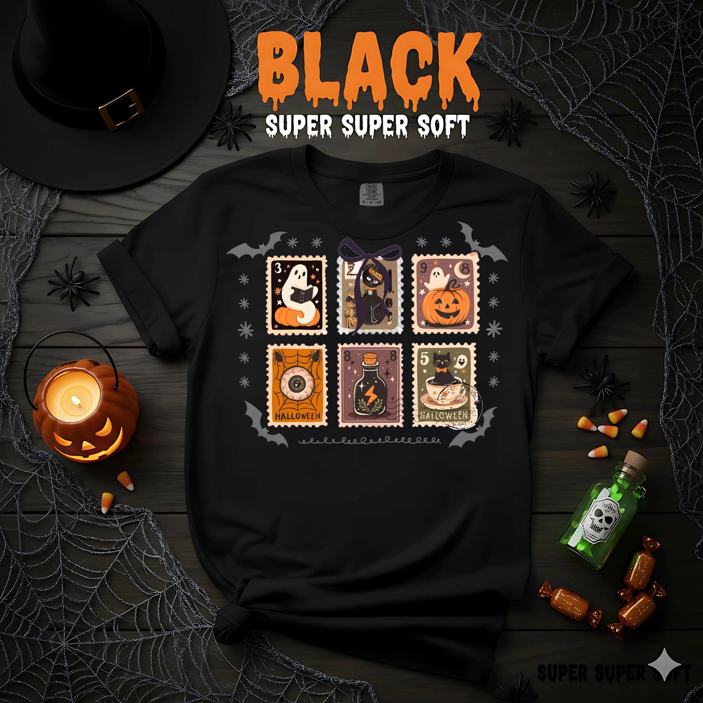 Comfort Colors Halloween T Shirt Espresso Brown Garment Dyed Graphic Tee Ghost Pumpkin Witch Cat Stamps Skeleton Haunted House Unisex Gift