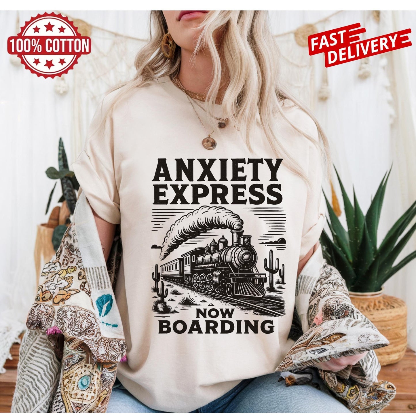 Anxiety Express panic train t-shirt, funny mental health quote shirt, oversized sarcastic gift idea for anxious adults