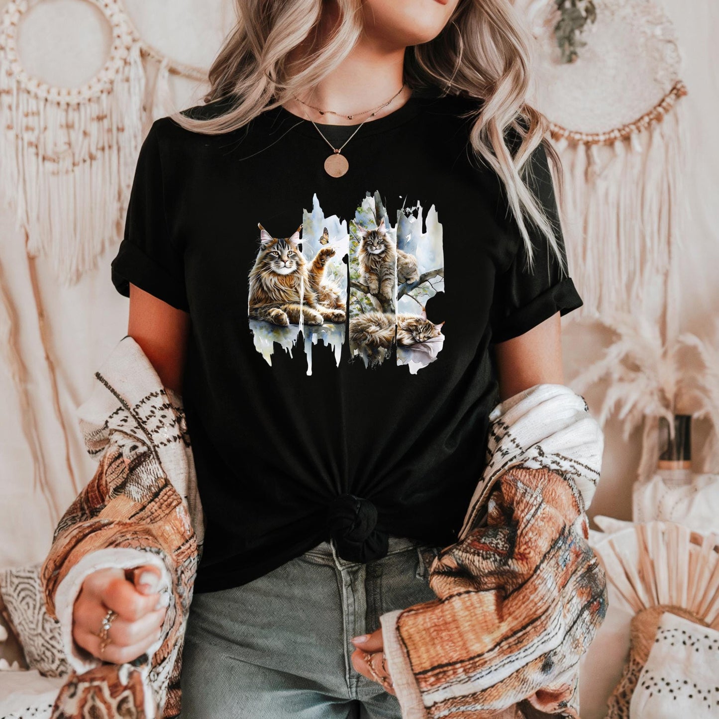 Majestic Maine Coon Cat Tee Whimsical Cat Art Heavy Cotton Tee Cat Lovers Gift Animal Print T Shirt Nature Art Tee Cozy Casual Wear