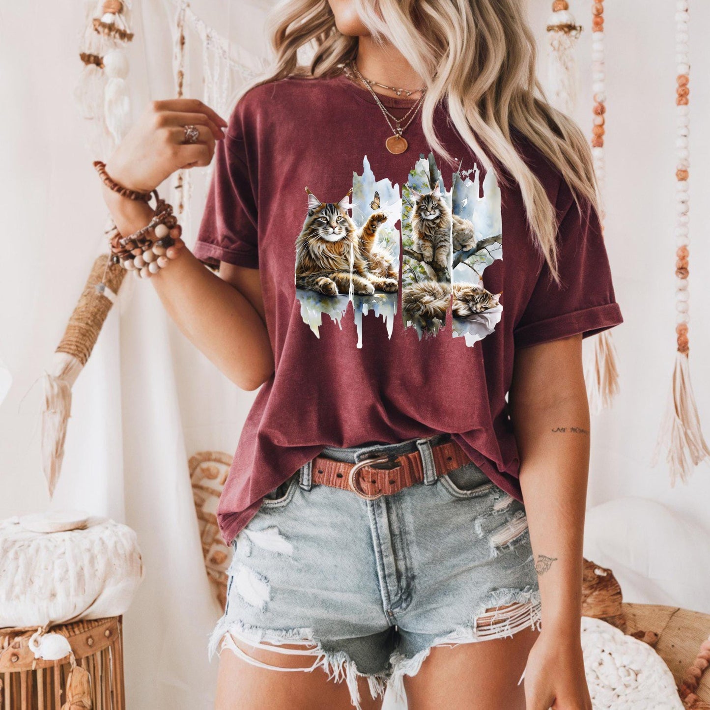 Majestic Maine Coon Cat Tee Whimsical Cat Art Heavy Cotton Tee Cat Lovers Gift Animal Print T Shirt Nature Art Tee Cozy Casual Wear