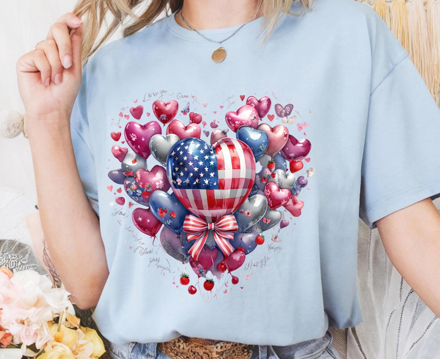 Love Heart Balloons and Fruit Tee Cute Valentine's Day Shirt Love T Shirt Romantic Italian Tee Heart Shape Balloons Shirt Love Letter