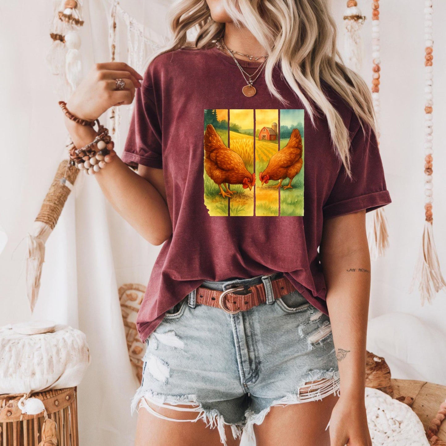 Rustic Farmhouse Chicken Tee, Unisex Heavy Cotton Tee, Country Style Shirt, Gift for Farmers, Vintage Animal Design, Perfect for Casual Wear