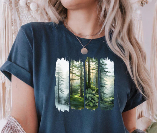 Enchanted Misty Forest Tee, Organic Woodland Landscape T-Shirt, Unisex Nature Graphic Shirt, Outdoors Lover Gift, Hiking Apparel