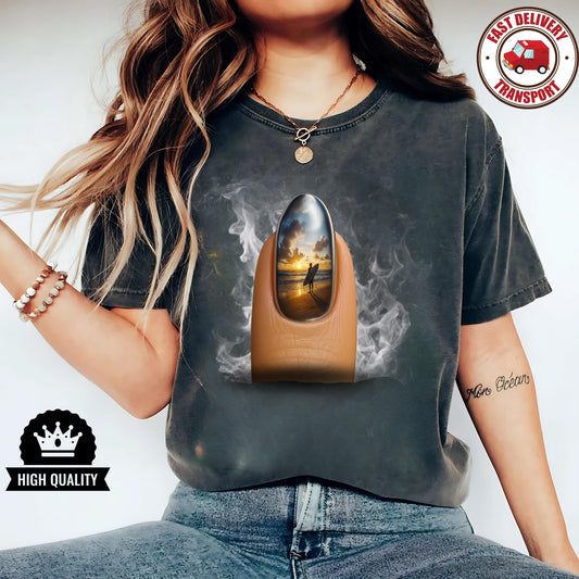 Unisex summer shirt for surf lovers, surreal sunset nail art tee, beach art graphic t-shirt for creatives gift idea