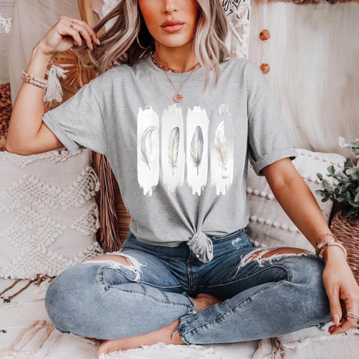 Boho Feather Print Tee, Whisper Feather Tee Unisex Cotton Shirt, Casual Summer Top, Gift for Nature Lovers, Eco-Friendly Clothing Boho Gift