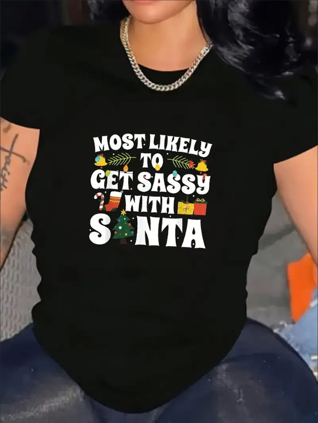Women Stylish Hilarious Family Christmases Most Likely To Be Cool With Santa T-shirt Fashion Tee Plus Size  Soft Casual Short Sleeve Crew Neck Top