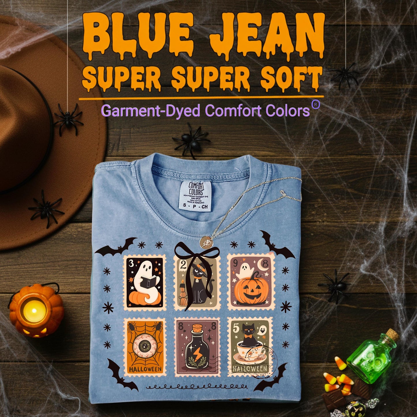 Halloween Stamps T Shirt Comfort Colors Espresso Super Soft Tee Ghost Pumpkin Witch Cat Potion Eye Graphic Unisex Spooky Season Gift