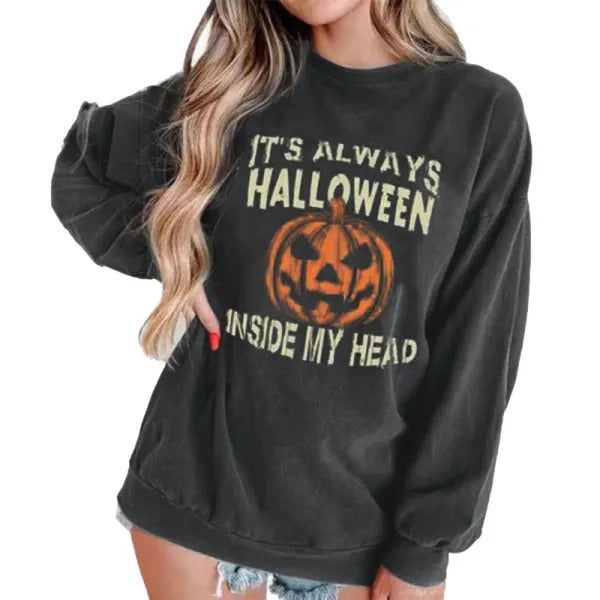 Style Trendy Line Fashion Round Neck Halloween Pumpkin Lamp T-shirt Girl Loose Top