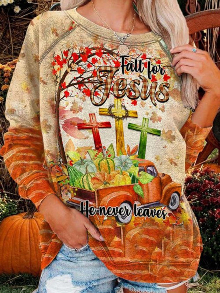 Style Trendy Line Fashion Round Neck Halloween Pumpkin Lamp T-shirt Girl Loose Top