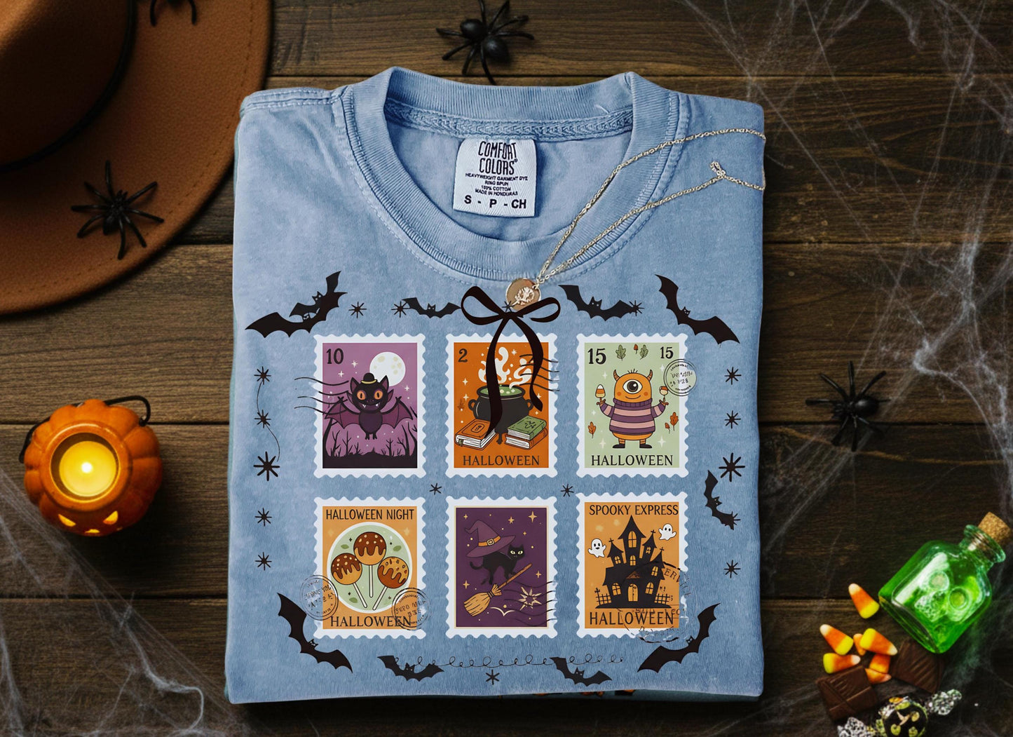 Comfort Colors Halloween T Shirt Pumpkin Orange Graphic Tee Spooky Stamps Bat Zombie Witch Haunted House Ghost Cat Potion Skeleton Gift