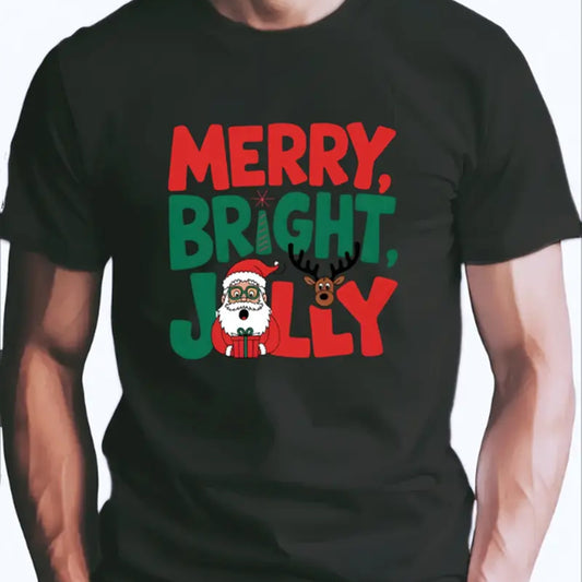 Men'S Christmas T-Shirt - Merry Bright Jolly Santa & Reindeer Print, Cotton Crew Neck, All-Season Casual Tee With Slight Stretch