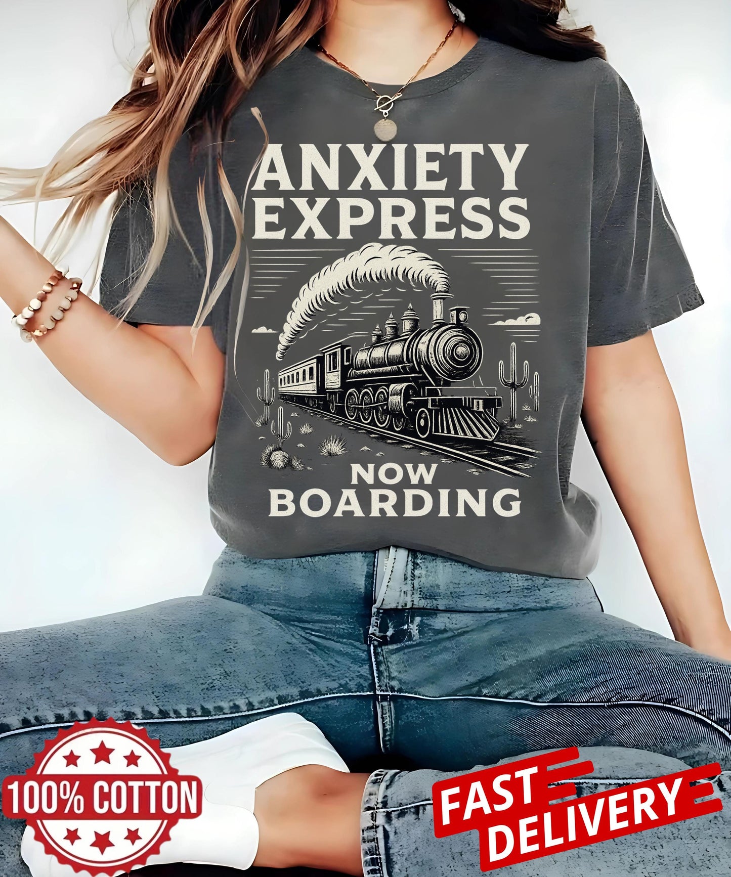 Sarcastic Anxiety Express train tee, mental health humor shirt, bold quote gift idea, retro oversized unisex t-shirt