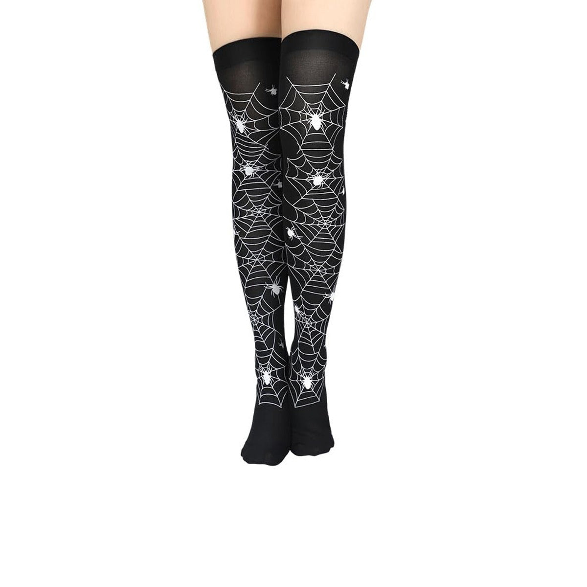 Halloween Printing Craft Spider Web Bat Skull Castle Pattern Over The Knee Stockings