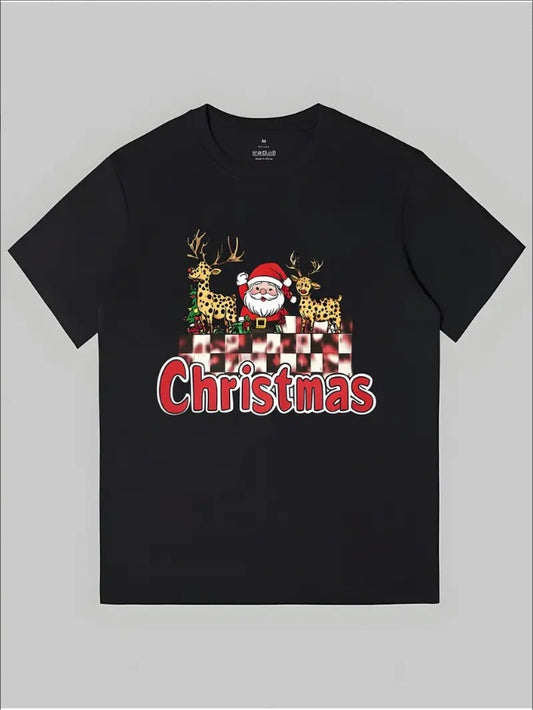 Men'S Christmas T-Shirt - Crew Neck, Short Sleeve, Regular Fit, Printed Santa And Reindeer Graphic Tee For All Seasons