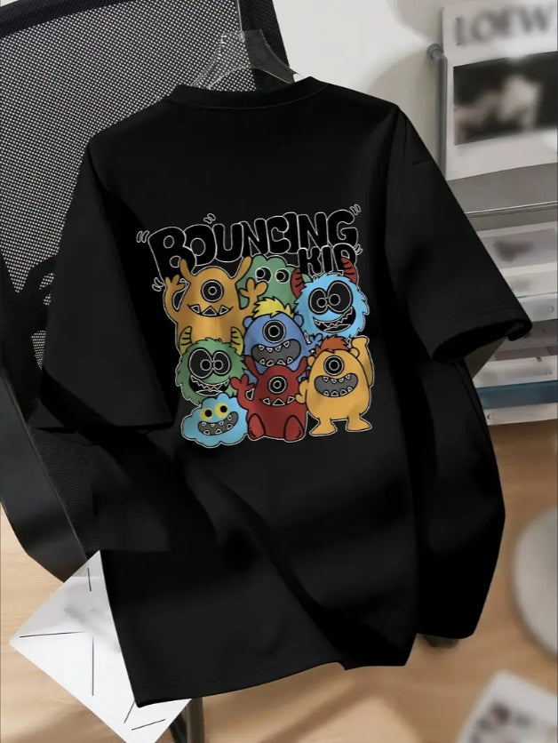 BouncingKid Monster Squad Graphic Tee For Teens - Casual Crew Neck Top  Geometric Pattern, Spring Summer Collection