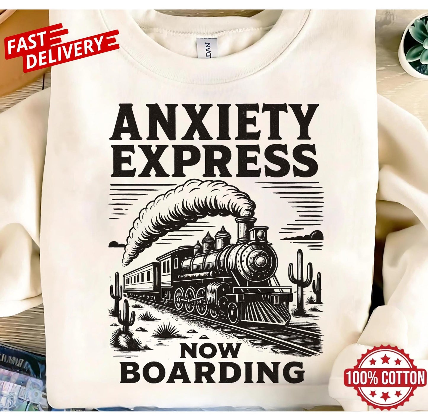 Sarcastic Anxiety Express train tee, mental health humor shirt, bold quote gift idea, retro oversized unisex t-shirt