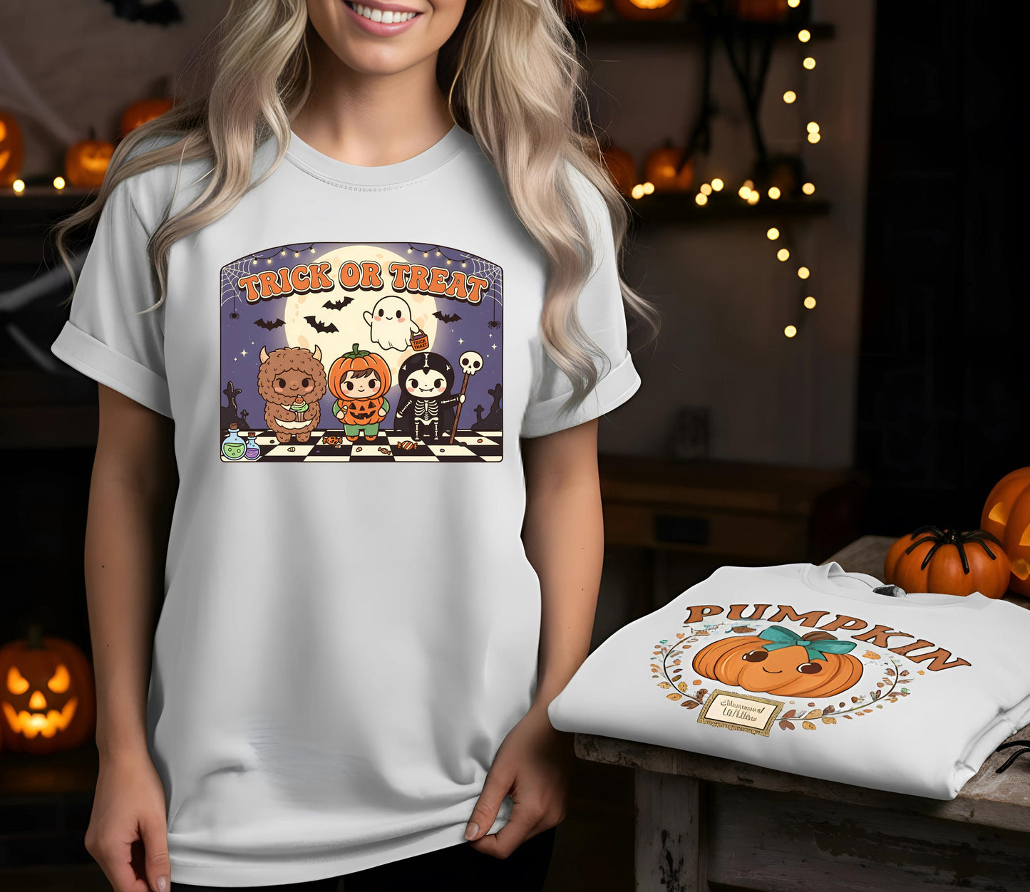 Kawaii Trick Or Treat T Shirt Cute Halloween Pumpkin Ghost Skeleton Monster Graphic Tee Unisex Spooky Labubu Shirt, Halloween,LaBubu Bunny