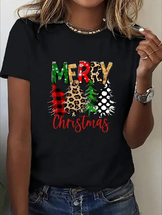 Festive Women's Christmas T-Shirt -  Leopard & Plaid Tree Design, Round Neck Short Sleeve Sporty Tee, Comfortable Machine Washable - Ideal Holiday Gift, Christmas Shirts,