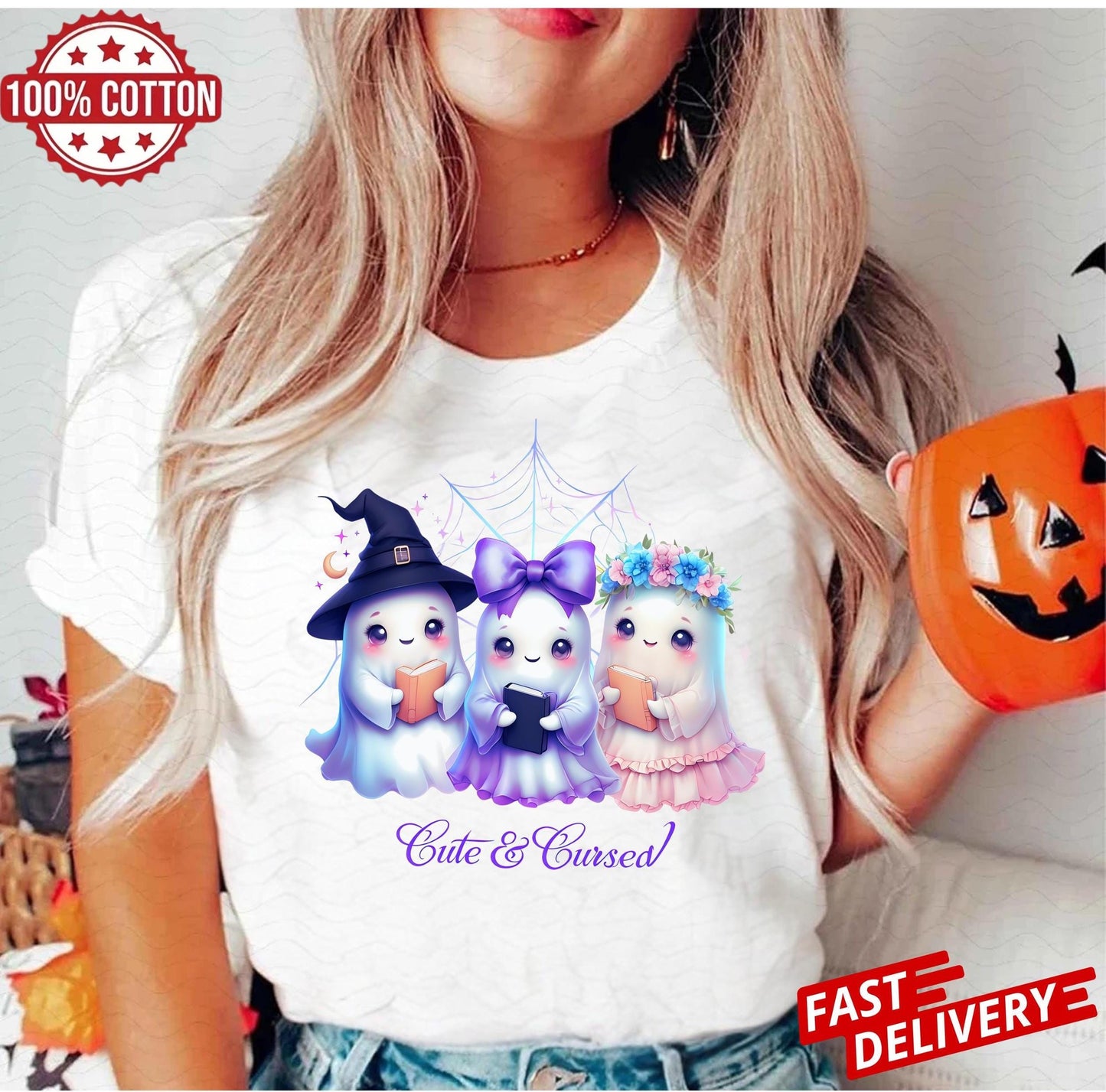 Cute & Cursed Ghost T-shirt - Fun Magical Halloween Apparel with Cute Ghosts - Unisex Spooky Ghost Shirt for All Ages