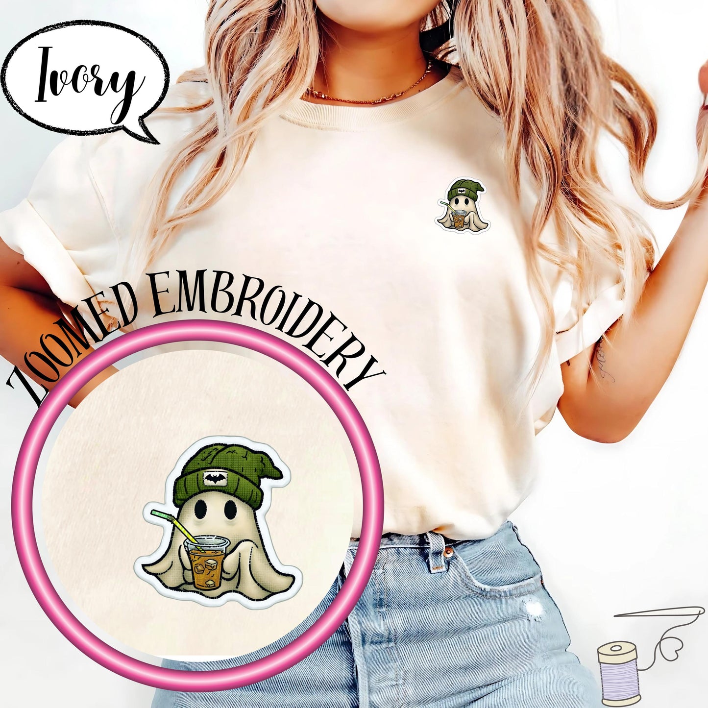 Confort Colors® Embroidered Ghost Shirt, Minimal Halloween T Shirt, Cute Coffee Ghost Pocket Top, Spooky Season Tee, Fall Graphic Shirt