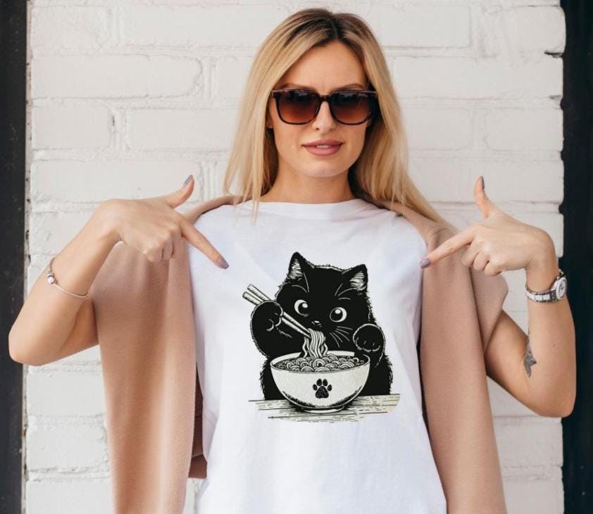 Noodle Cat Shirt Ramen Cat Sweatshirt Funny Cat Lover Tee Cat Mom Shirt Animal Lover Graphic Top Cute Cat Lovers Gift For Women Mom