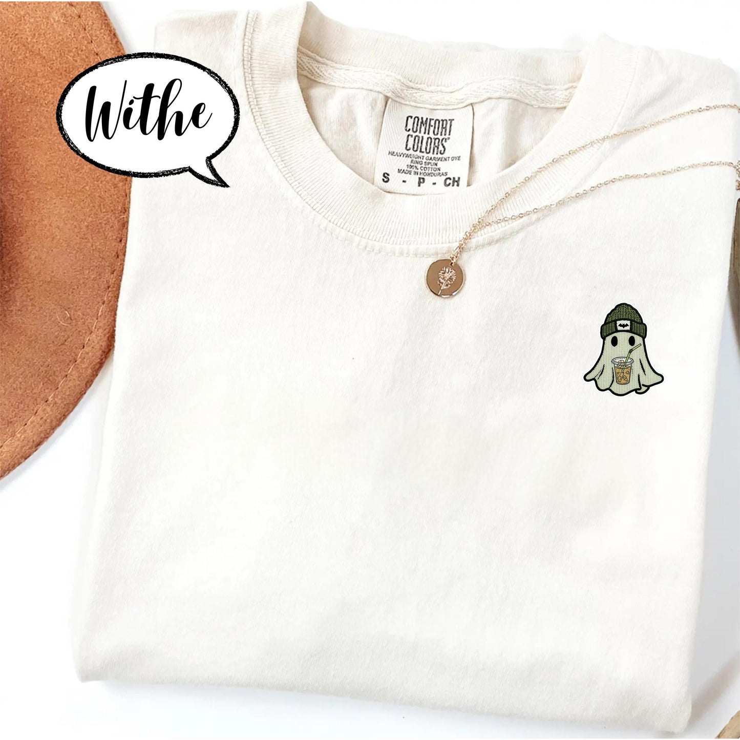 Comfort Colors® Embroidered Pocket Ghost Shirt, Cute Coffee Ghost T Shirt, Minimal Halloween Embroidery Top, Cozy Fall Spooky Season Tee