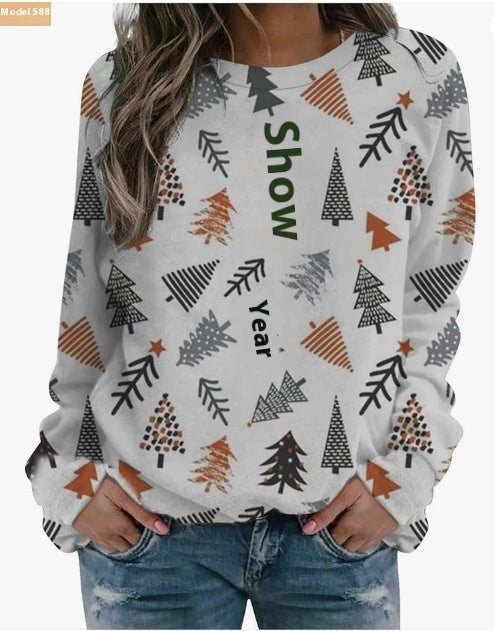 Christmas European And American Women Printed Crew Neck Sweatshirt
