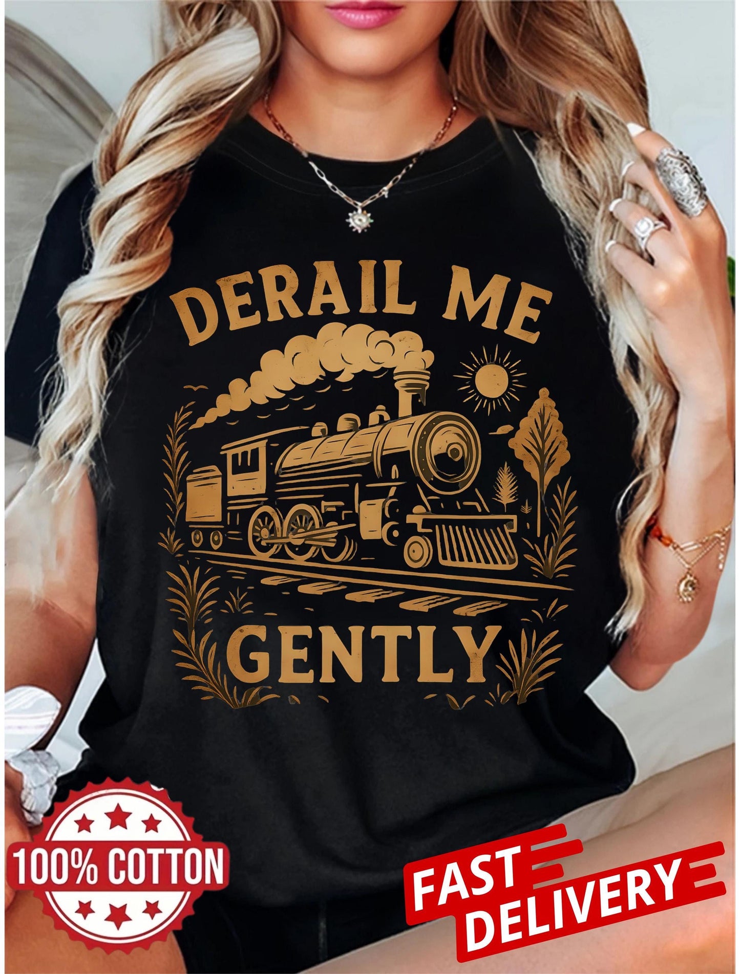 derail me gently train tee, alternative fashion shirt with retro humor, vintage locomotive art for adults who love quirky sarcasm