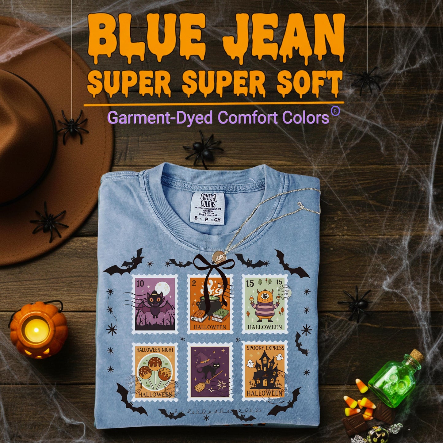 Halloween Stamps T Shirt Comfort Colors Pumpkin Orange Graphic Tee Bat Zombie Witch Haunted House Ghost Cat Potion Skeleton Unisex Gift